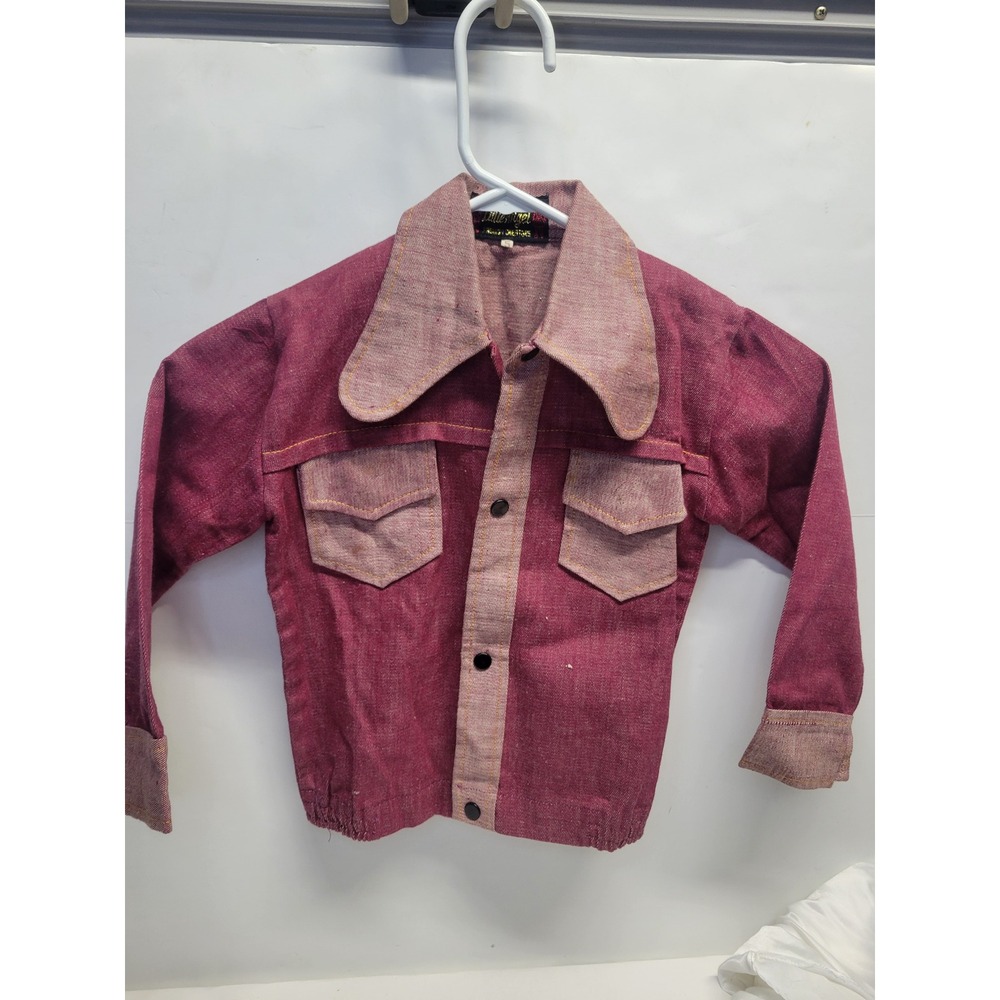 Vtg Little Angel Kids Western cowboy Denim Shirt‎ Maroon Pockets Collar Size 5